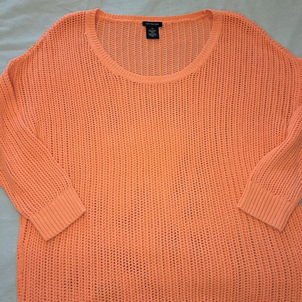 Calvin Klein Jeans Coral Orange Open Weave Sweater Size Large